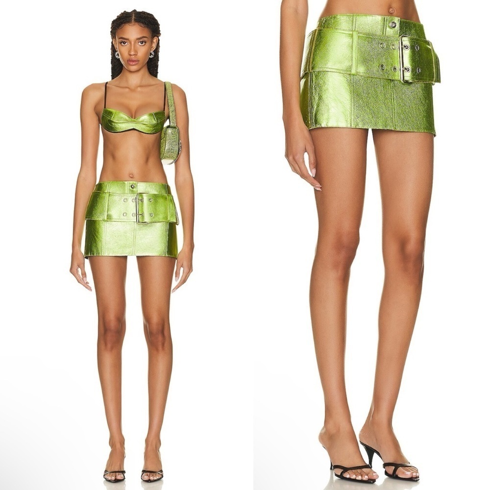 New! Priscavera- Low-Rise Mini Belt Skirt In Wasabi Metallic Green Size Small